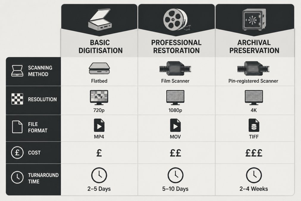 A side-by-side comparison chart showing three columns, Basic Digitisation, Professional Restoration, and Archival Preservation, with rows for scanning method, resolution, file format, cost, and turnaround time