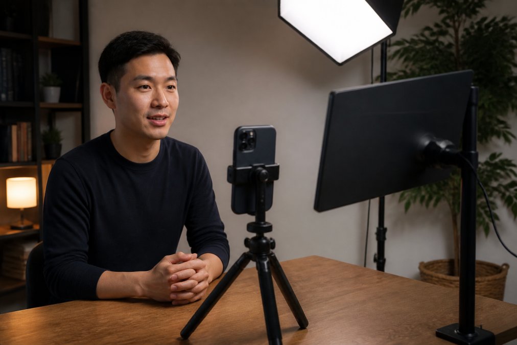 Solo content creator sitting at a desk with a smartphone mounted on a tripod, external monitor display visible showing script text, camera positioned at eye level, professional lighting setup in background