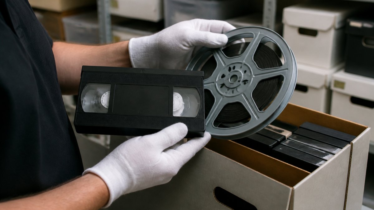 Professional hands carefully holding a VHS tape and film reel with archival storage boxes visible in the background, demonstrating meticulous handling and preservation care