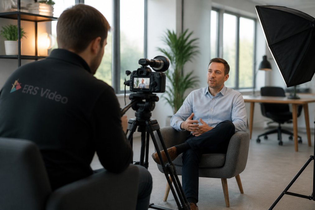 A videographer filming a business owner being interviewed in a bright modern office, with a camera on a tripod and softbox lighting visible