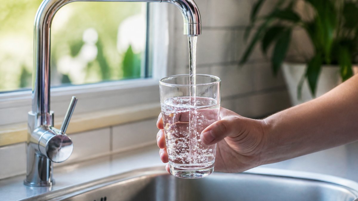 Close-up of a glass of tap water being filled from a modern kitchen sink tap, with natural light highlighting the water clarity and stream