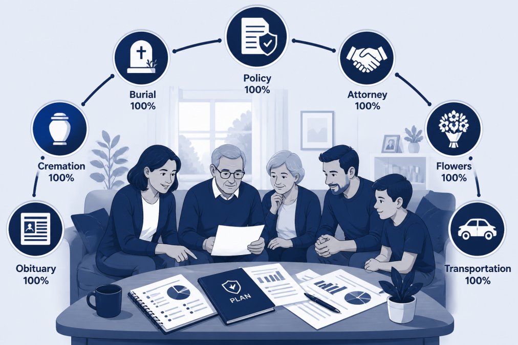 Family gathered in a living room discussing finances with documents and planning materials spread on a coffee table, showing peace of mind and togetherness in natural afternoon lighting