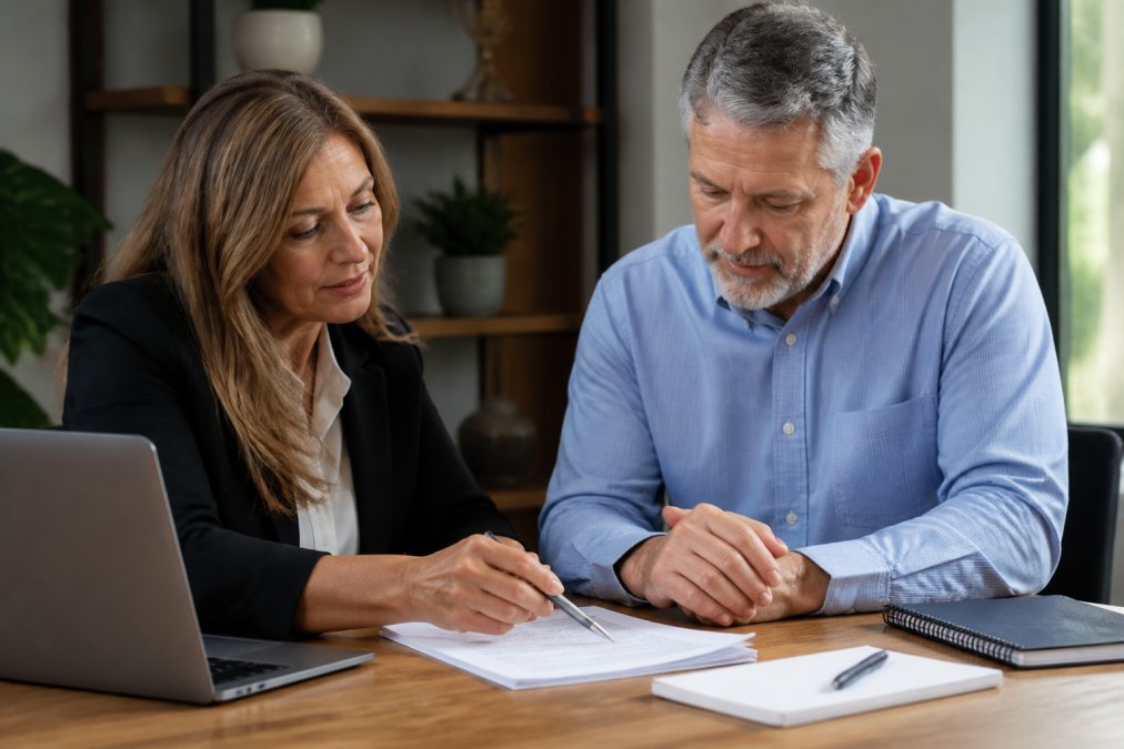 Professional insurance agent meeting with middle-aged client at wooden desk, reviewing policy documents together with a laptop and papers, natural office lighting from window