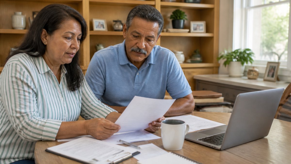 Senior couple reviewing insurance documents together at a home office desk with a laptop and cup of coffee