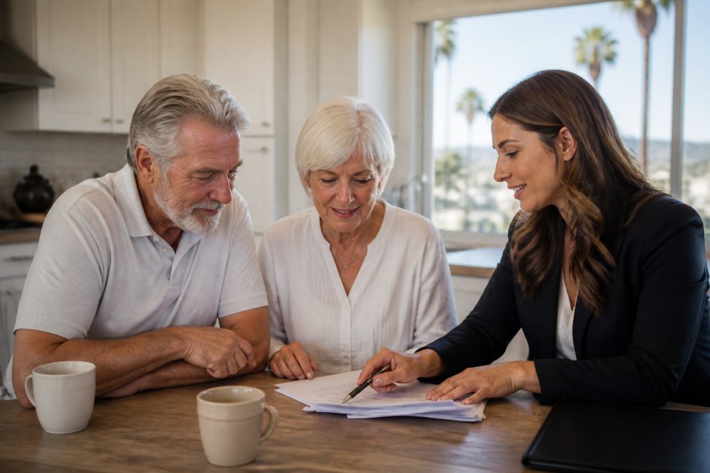 A senior couple sitting at a kitchen table in a bright Las Vegas home, reviewing insurance documents with a friendly, professional agent who is pointing at a page and explaining something
