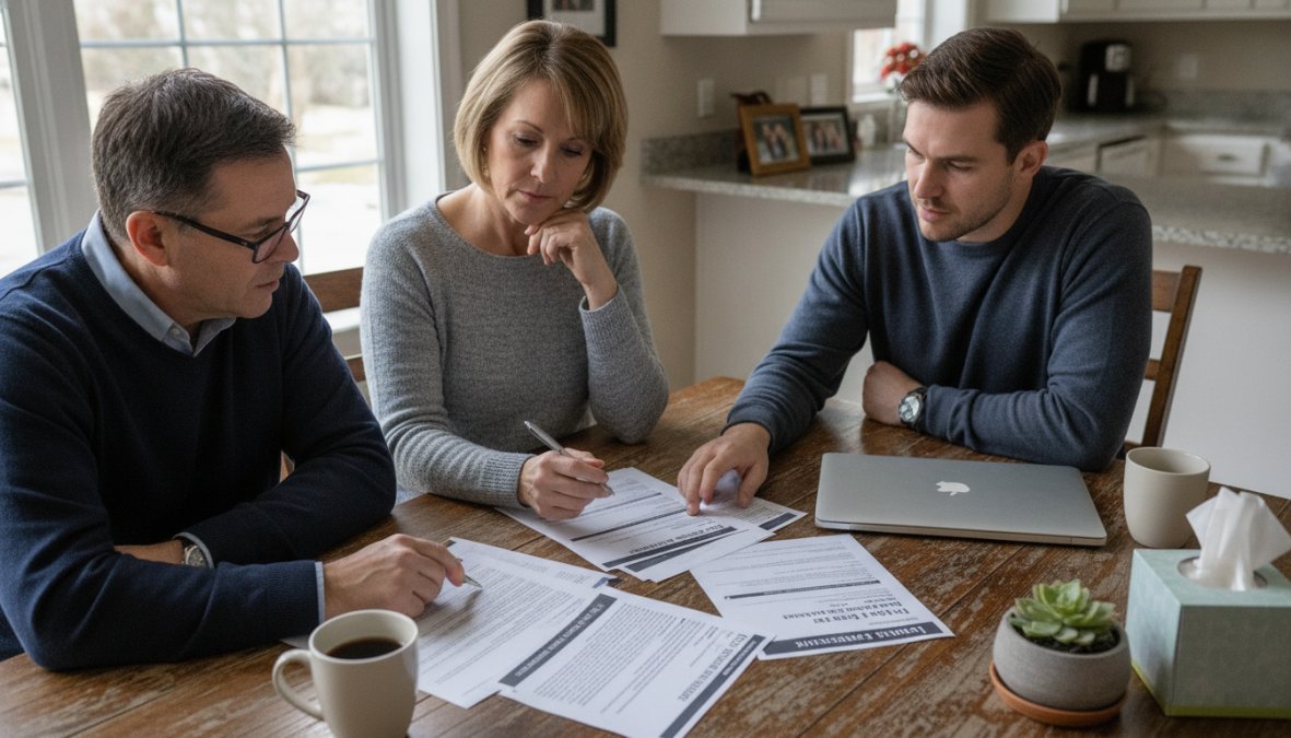An older couple sitting together at a kitchen table, reviewing printed insurance documents with a laptop open beside them, warm afternoon light coming through a window, showing a calm and thoughtful discussion about coverage options