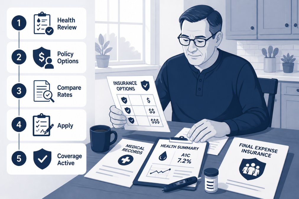 Person sitting at a kitchen table with medical documents, insurance paperwork, and a cup of coffee, reviewing materials with natural daylight from a window
