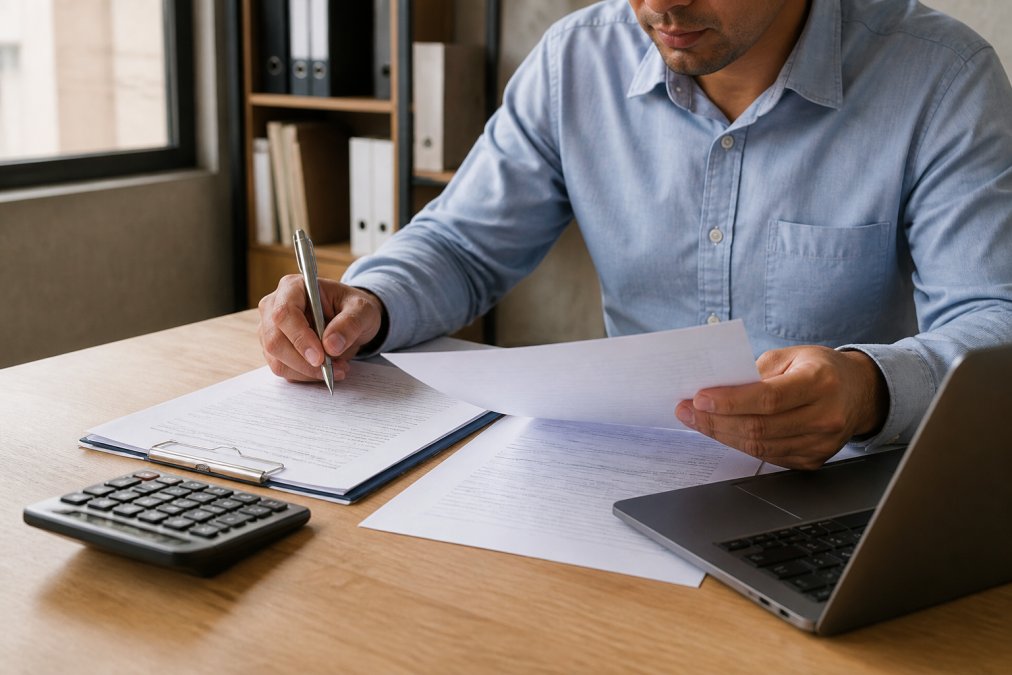 Professional reviewing loan documents and financial paperwork at desk with calculator and laptop visible, natural office lighting