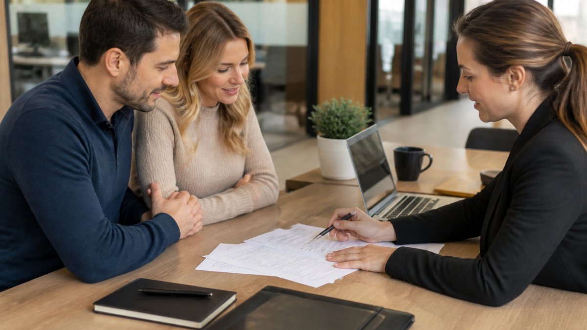 Homeowner meeting with mortgage specialist at desk, reviewing financial documents, laptop showing mortgage calculations and down payment options