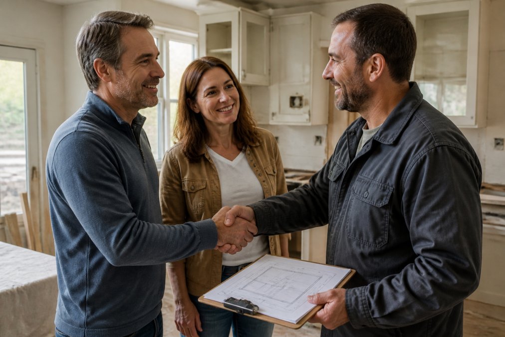 Homeowner and contractor reviewing kitchen renovation plans and financing options at renovation site, shaking hands over project estimates on clipboard