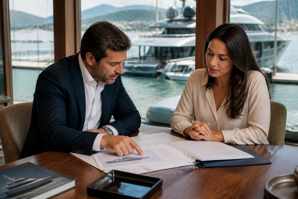 Professional yacht broker and client reviewing superyacht financing documents at a modern waterfront office desk with marina visible through floor-to-ceiling windows, both examining contract pages with a laptop showing vessel specifications