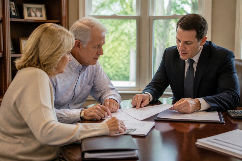 A couple reviews retirement documents with their finance advisor in a bright office.