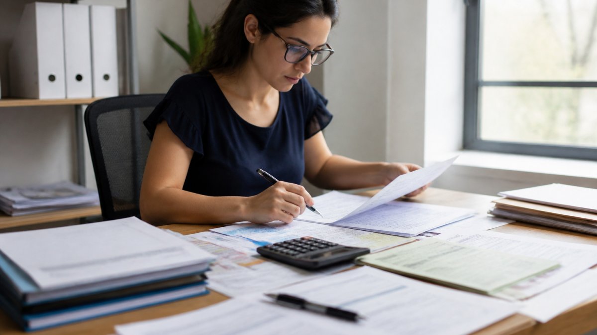 Professional reviewing financial documents and tax returns at a desk with a calculator and laptop, organized paperwork spread out, natural office lighting