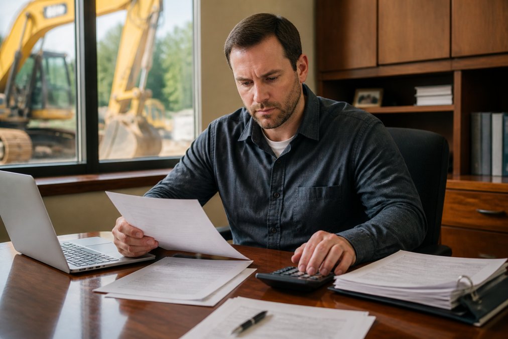 Small business owner reviewing documents to finance used heavy equipment at a desk with a laptop and calculator.