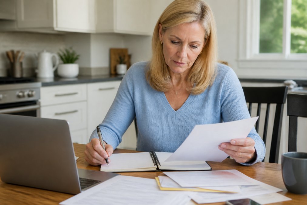 Infographic checklist outlining financial steps to manage a divorce settlement from a home office desk.