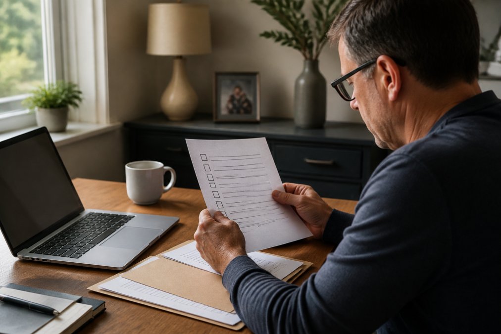 Financial advisor reviewing a checklist during an advisor career transition at a home office desk