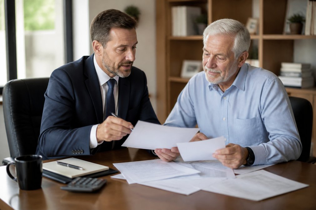 Professional financial advisor and mature client reviewing retirement account statements and tax planning documents together in modern office setting with natural lighting