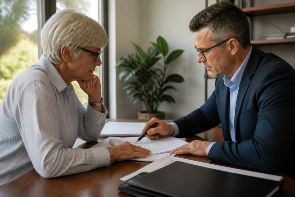 Mature client and financial advisor reviewing required minimum distribution calculations and Social Security benefit projections on computer screen in professional office setting