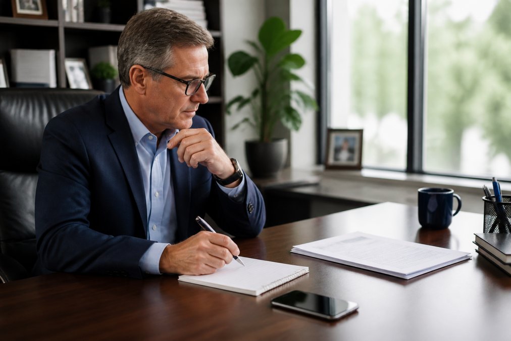 Professional financial advisor at desk reviewing client profile data on computer screen with demographic information, notepad, and phone nearby in modern office setting with natural light