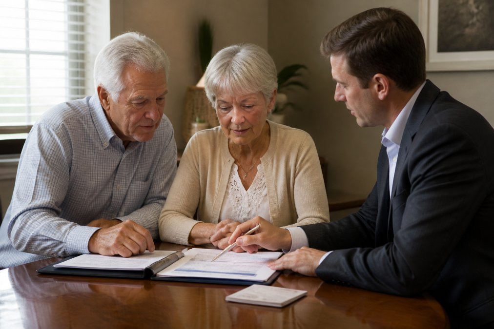 Mature couple sitting at a desk with a financial professional in a warm office setting, reviewing retirement documents and financial statements together with a laptop nearby