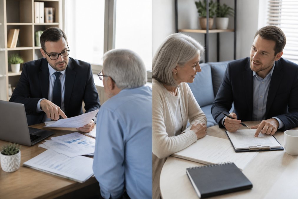 Professional advisor meeting one-on-one with a client in a modern office, pointing to financial documents and portfolio statements on a desk with a laptop, natural window lighting