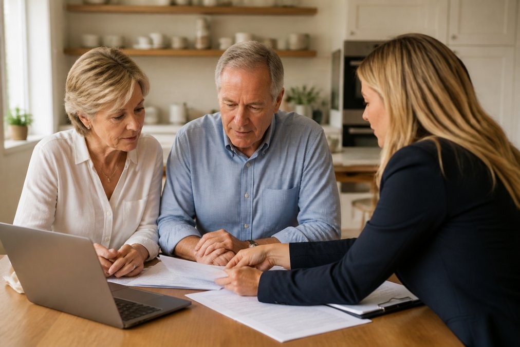 A retired couple in their early 60s sitting at a kitchen table reviewing financial documents with a professional advisor, warm natural light, papers and a laptop on the table