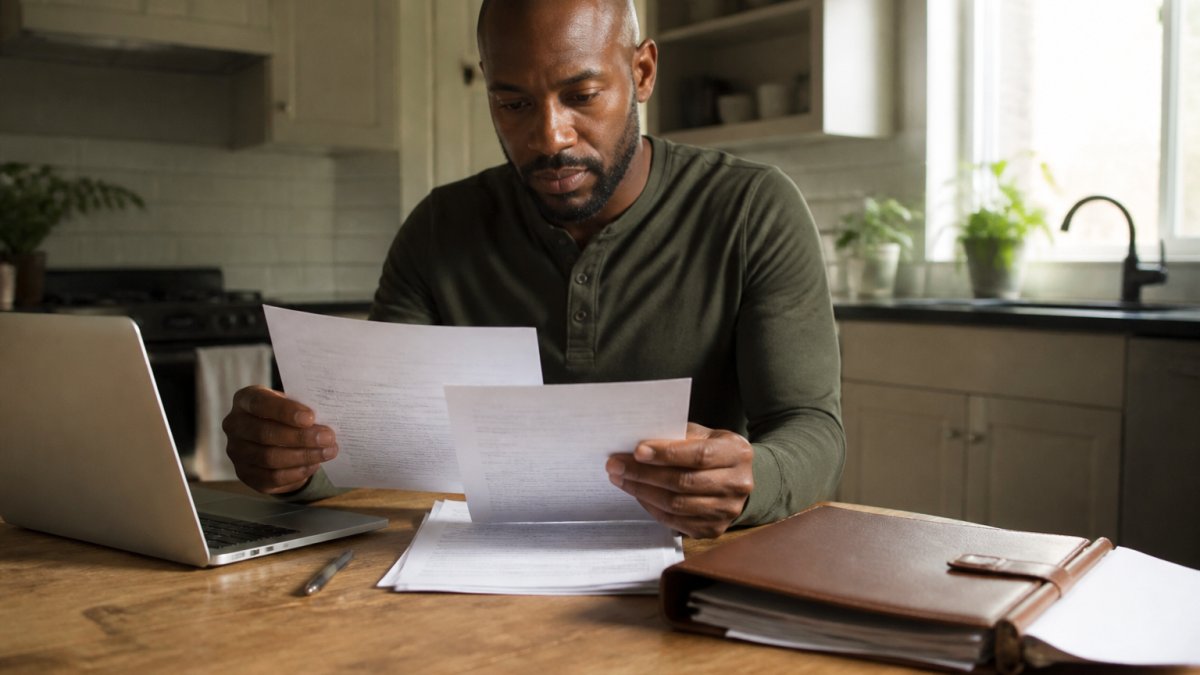A person at a kitchen table reviewing financial aid paperwork and a laptop, with a folder of documents and a pen nearby, natural window light