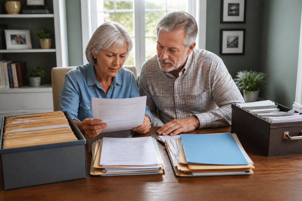 Retired couple sitting at a home office desk with organized file folders, bank statements, and a laptop open, reviewing financial documents together in natural daylight
