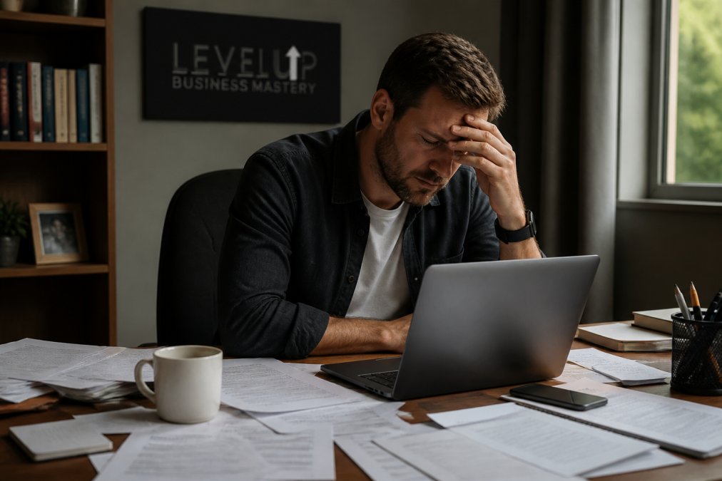 A stressed business owner sitting alone at a cluttered desk covered in documents and an open laptop, looking overwhelmed in a dimly lit home office setting