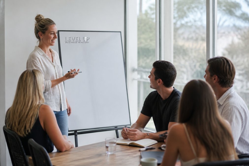 A confident founder presenting a growth plan on a whiteboard to a small engaged team in a bright modern meeting room with floor-to-ceiling windows