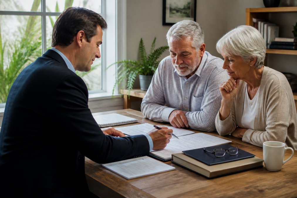Financial advisor and retired couple meeting at wooden desk, reviewing organized documents and financial statements together, warm natural office lighting from large window, professional but approachable atmosphere