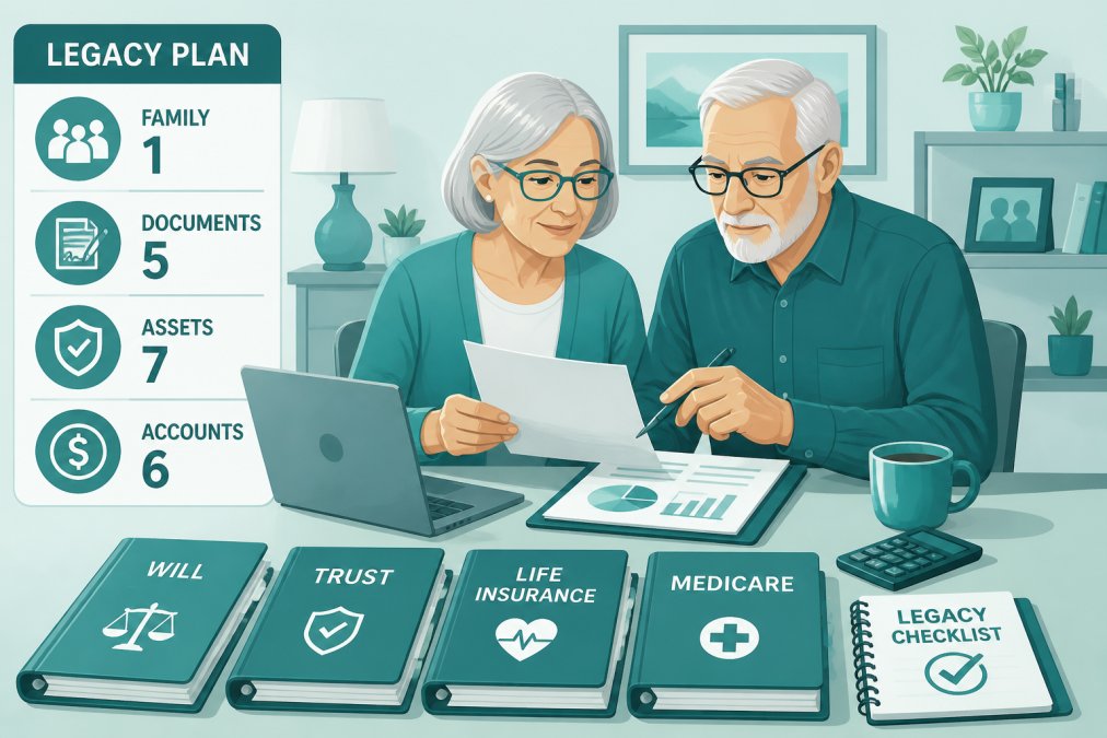 Older couple sitting together at home reviewing financial documents and planning materials at dining table, laptop open, organized files and folders visible, warm home lighting, both looking engaged and focused