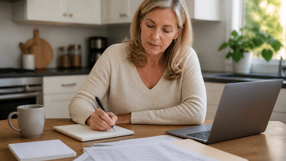 A woman in her 50s sitting at a kitchen table with a notebook, laptop, and neatly organized financial documents, looking focused and determined in warm natural light