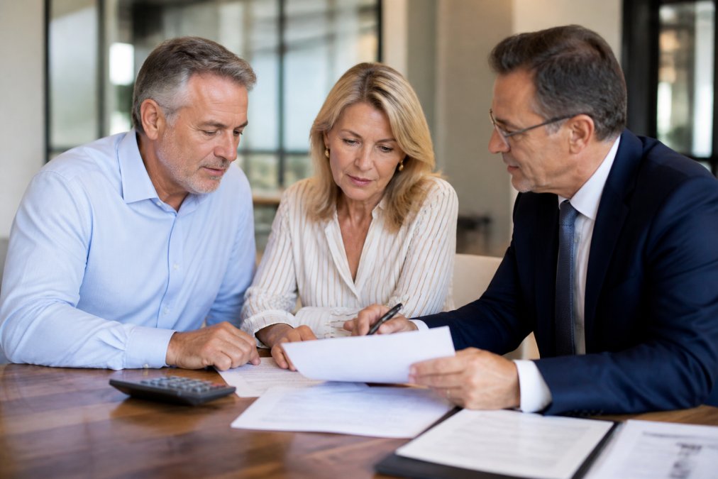 Financial advisor and client reviewing documents at a financial planning and tax office meeting