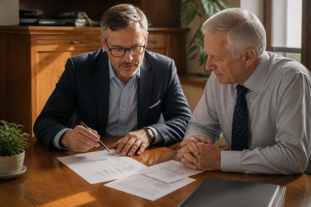 A business owner in a suit reviewing financial documents with an advisor at a wooden desk, both focused on a laptop screen in warm natural light