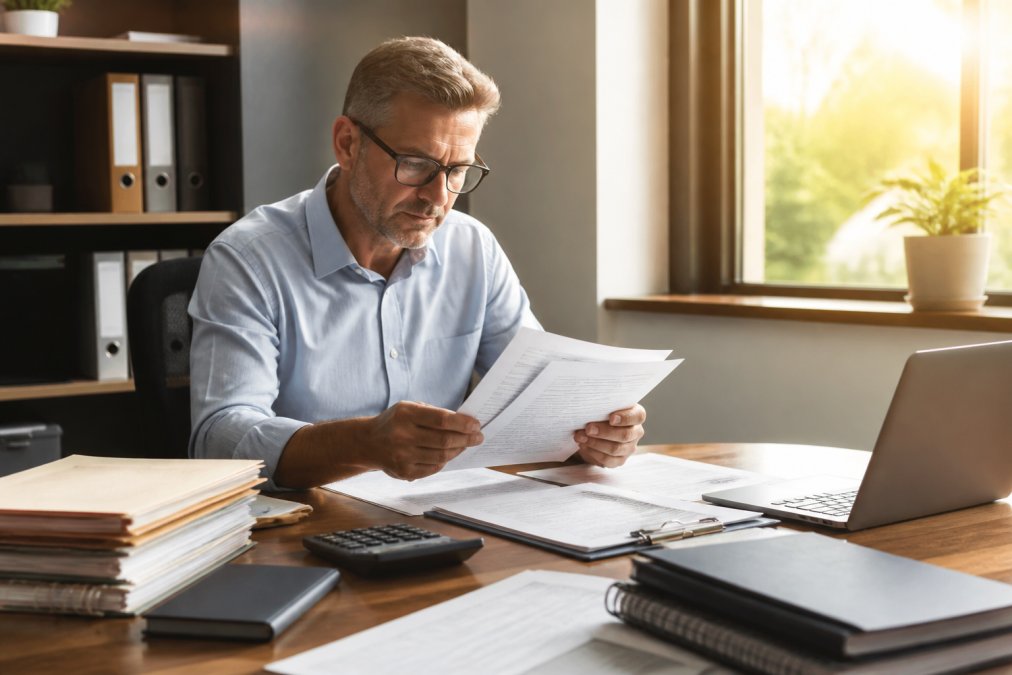 Business owner reviewing financial documents and spreadsheets at a desk with calculator, laptop, and organized files, morning sunlight streaming through office window