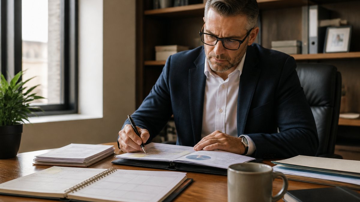 Professional business owner sitting at desk reviewing financial documents and laptop with planning calendar and notes visible, natural office lighting, focused deliberate expression