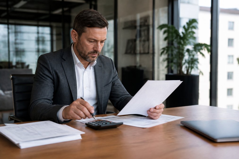 Professional executive reviewing financial statements and net worth spreadsheets at desk with laptop and calculator in modern office