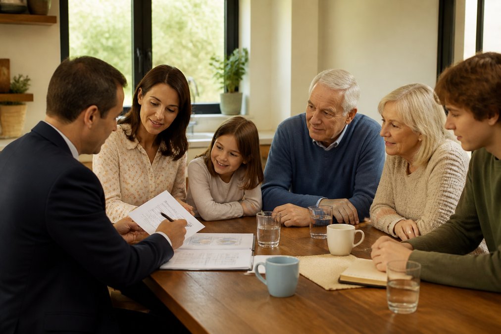 A multigenerational family sitting around a dining table with a financial advisor, reviewing documents and taking notes in a warm, well-lit home