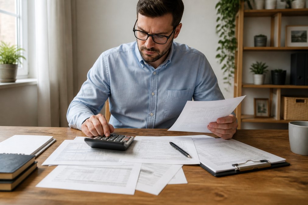 Property owner at desk reviewing rental income statements and expense records with calculator and spreadsheet printouts, natural office lighting