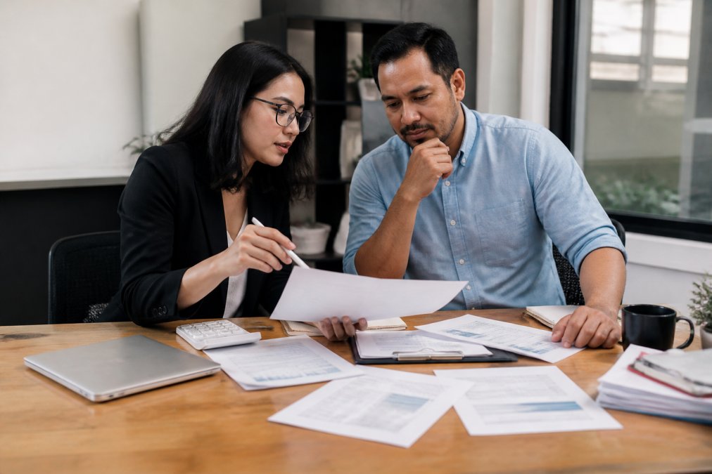 Accountant and business owner meeting at table reviewing property portfolio financial reports and planning documents, modern office setting