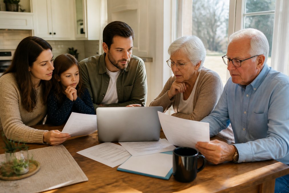 A multigenerational family sitting around a kitchen table reviewing financial documents and a laptop, cozy New England home interior, warm afternoon light through window