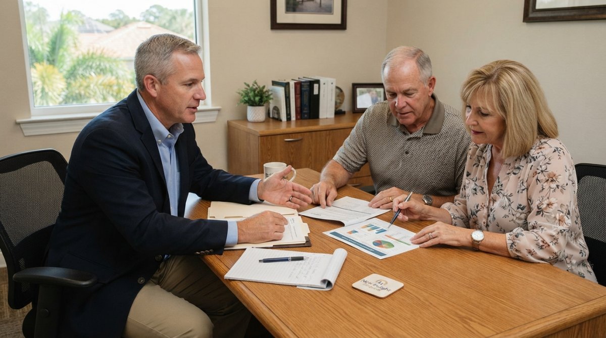 A financial advisor and client sitting at a desk in a modern office, reviewing financial documents and retirement plans together, with a computer screen visible showing investment portfolios and charts, natural window lighting