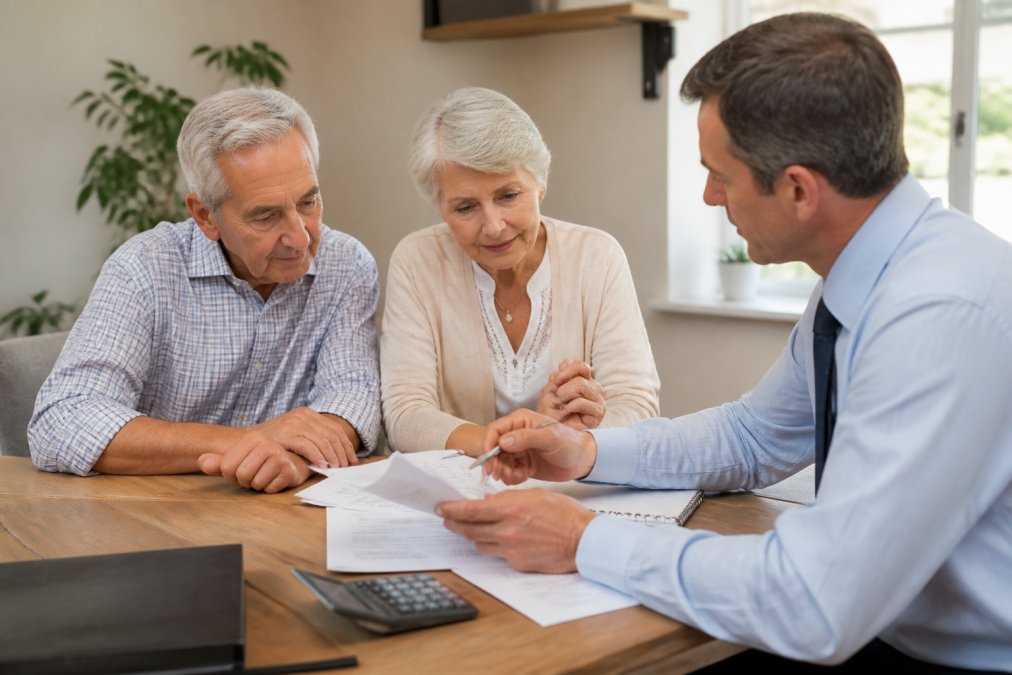 Mature couple sitting at a desk with a financial advisor, reviewing retirement planning documents and discussing income strategy together in a bright, professional office setting
