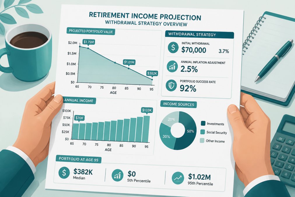 Close-up of hands holding a detailed retirement income projection document with withdrawal strategy charts and financial figures visible on a table, with a cup of coffee nearby