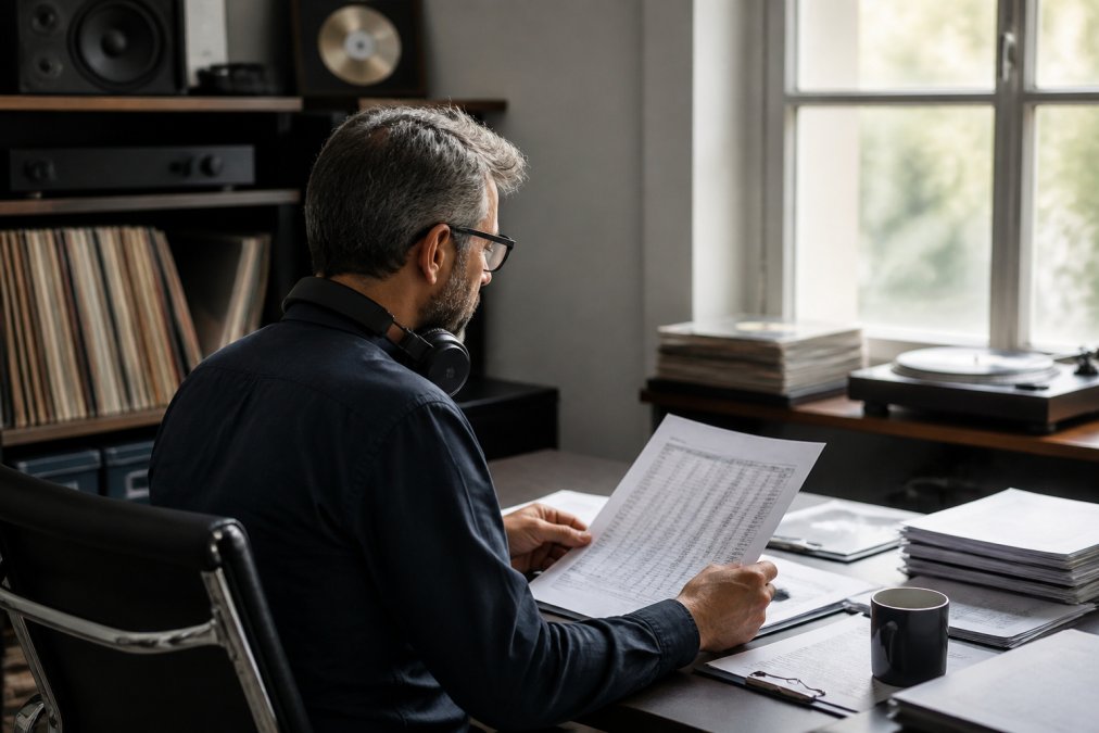 Music label manager reviewing detailed royalty reports on a desktop computer in a professional studio office, with headphones and vinyl records visible on shelves, natural window lighting