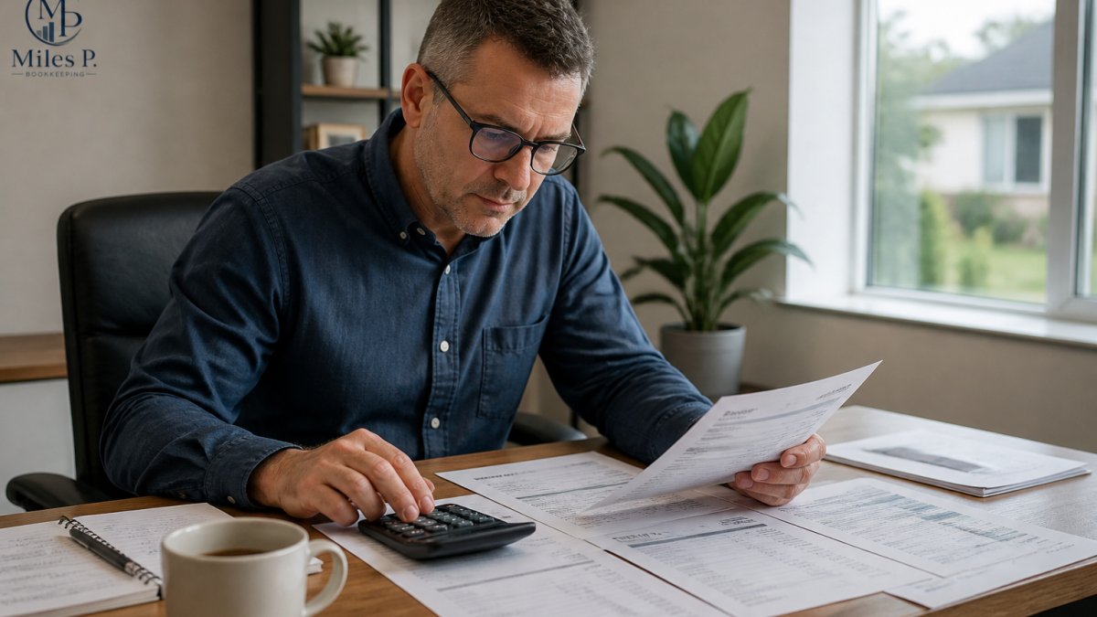 Small business owner reviewing printed financial statements and bank statements at a desk with a calculator and coffee, natural office lighting