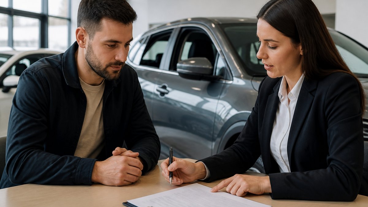 Professional explaining financing car newcomer options to a client in a bright, modern office setting