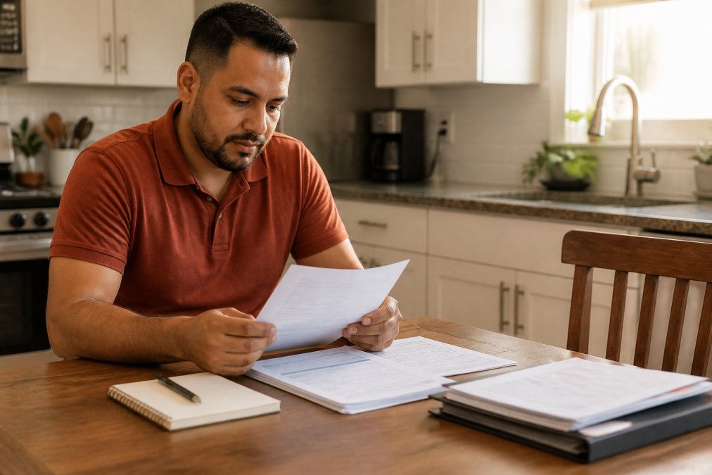 A person sitting at a kitchen table reviewing loan documents on a laptop, with a pen and notepad nearby, looking focused and confident in warm afternoon light