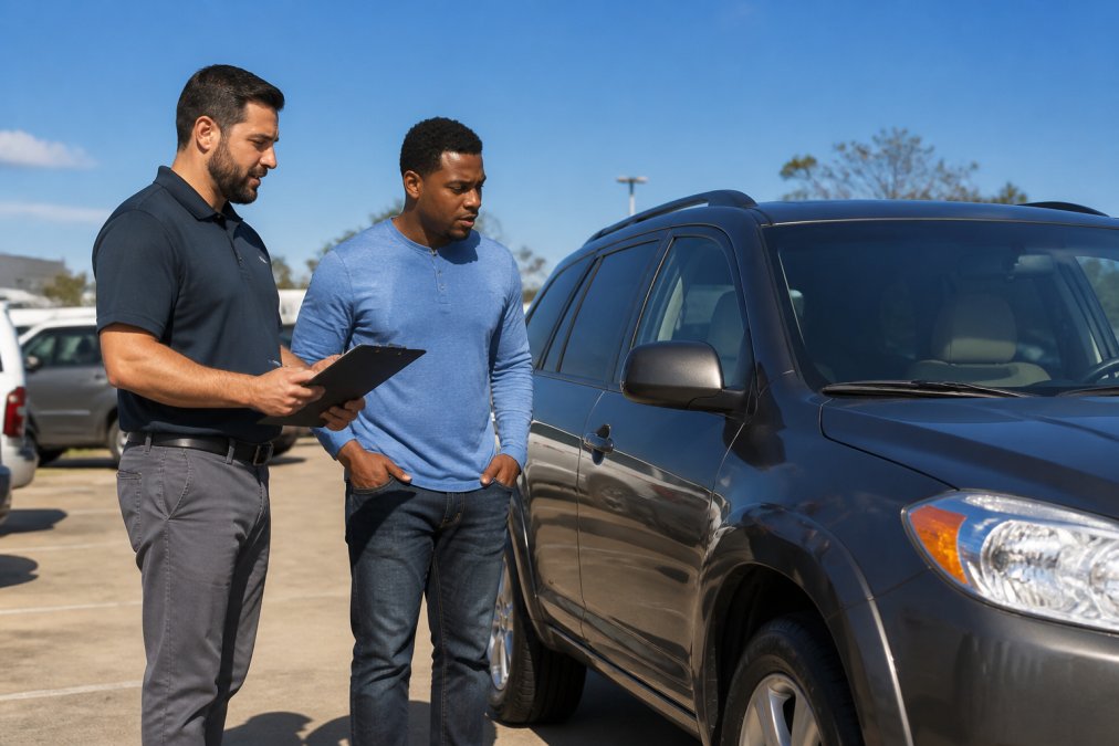 A car dealership employee and a customer standing beside a used SUV in a sunny outdoor lot, the employee holding a clipboard as they discuss trade-in value, both looking at the vehicle